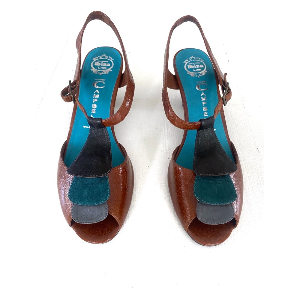 Jeffrey Campbell Brown and teal sandals with straps. Low heel,comfortable Size 8